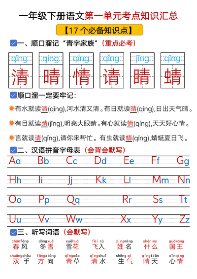 一年级下册语文1-8单元考点总结（含练习）（62页） - 少儿专区