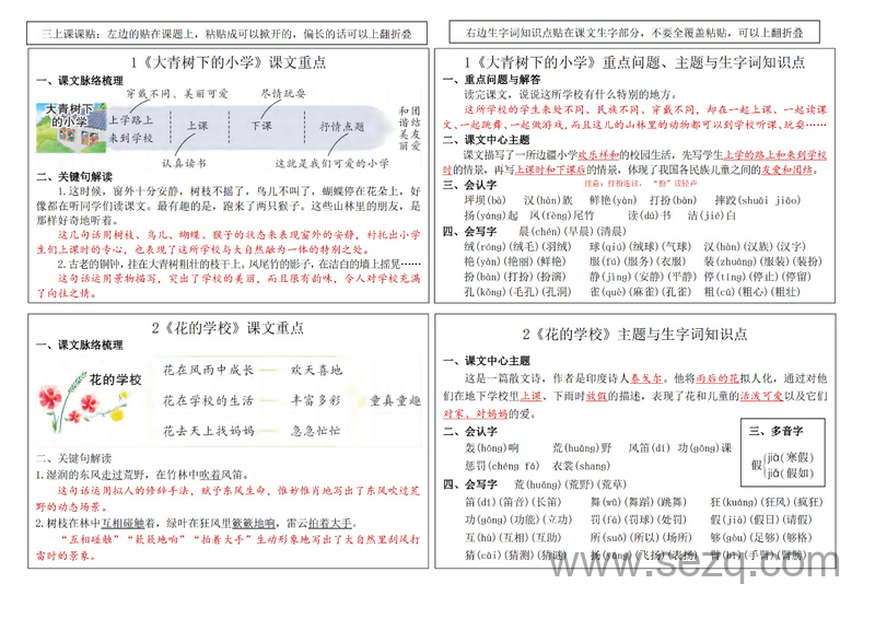 2024年秋季三年级上册语文新版课课贴（含课文重点与生字词知识点） - 文档资源第1张