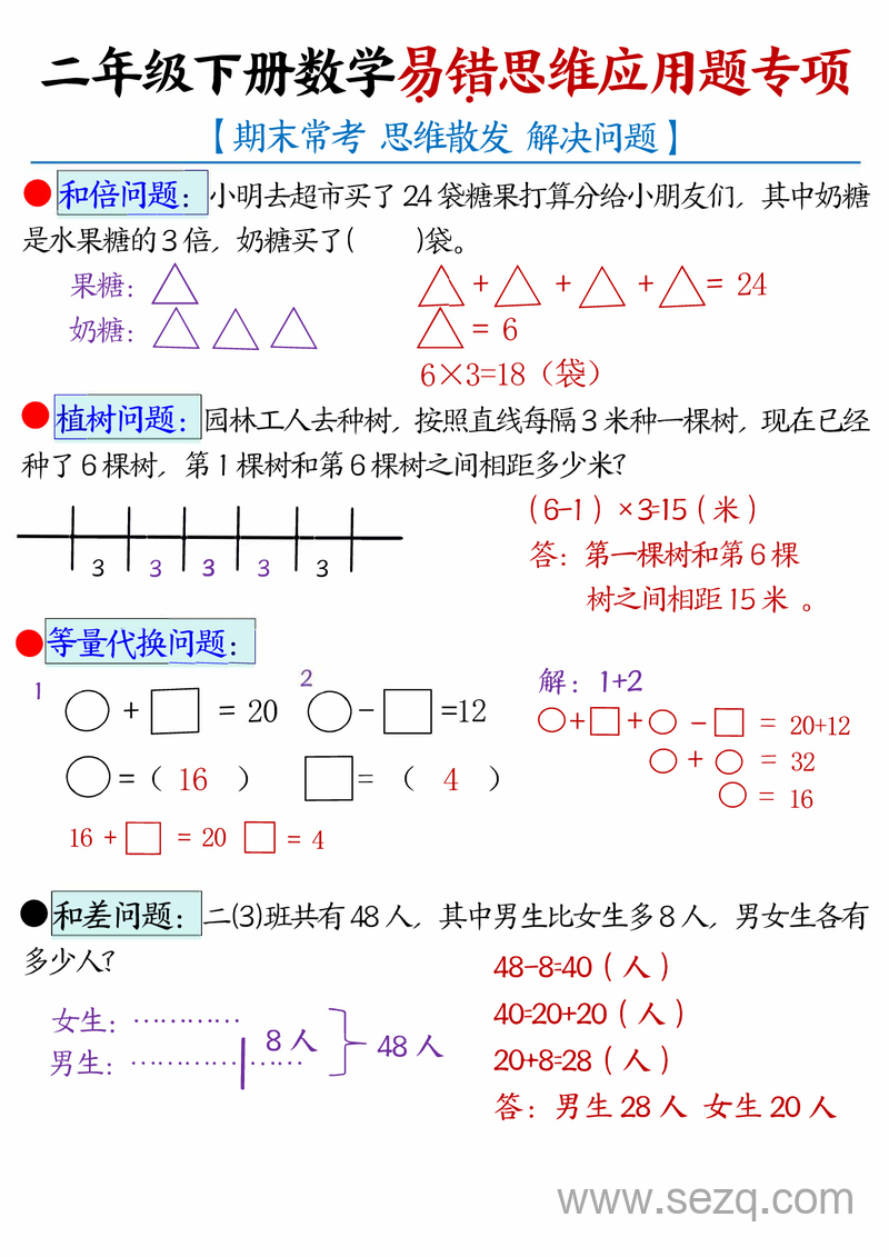 二年级下册数学易错思维应用题专项练习（28道母题答案版） - 文档资源第1张