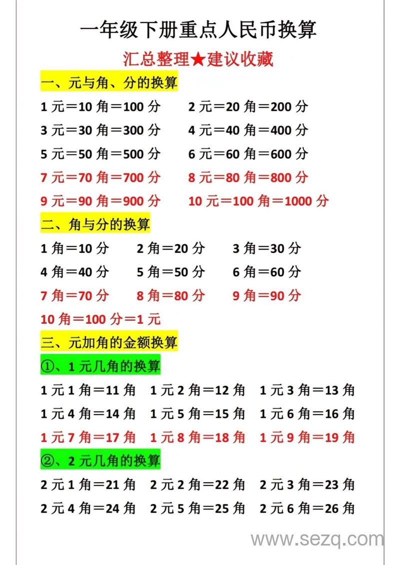 一年级下册数学人民币换算汇总整理 - 文档资源第1张
