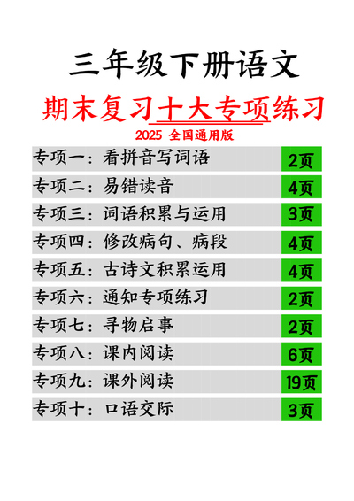 2025年三年级下册语文期末复习十大专项练习（含答案）（77页） - 少儿专区