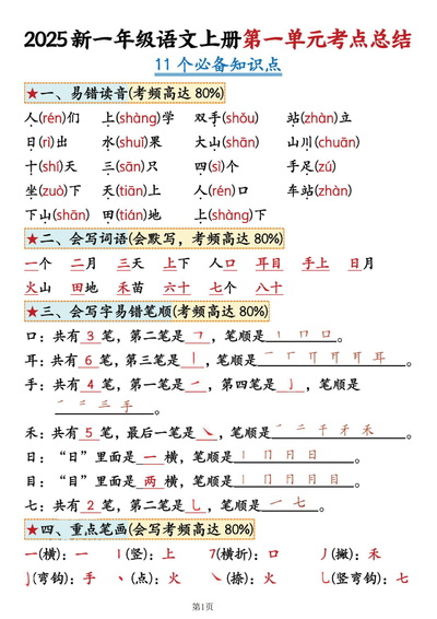 2025年秋季一年级上册语文1-4单元考点总结（9页） - 少儿专区