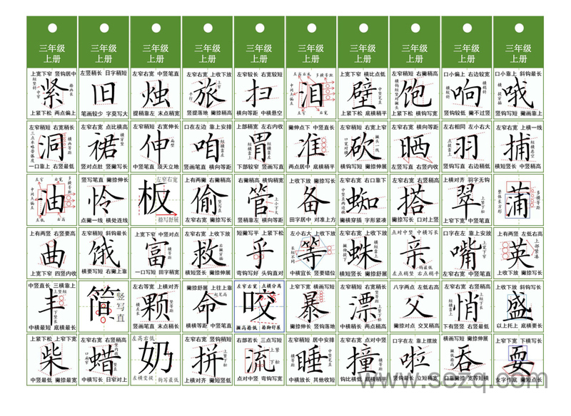 三年级上册,下册语文汉字书写结构精讲字卡 - 文档资源第2张