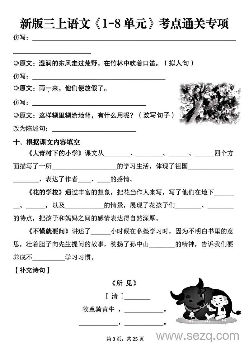 2025年新版三年级上册语文1-8单元考点通关专项（练习版） - 文档资源第3张