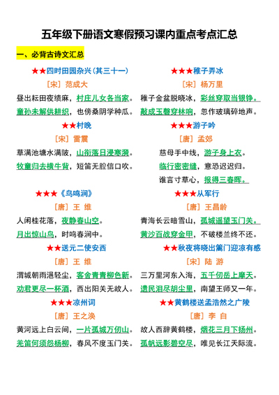 五年级下册语文课内重点考点汇总（5页） - 少儿专区