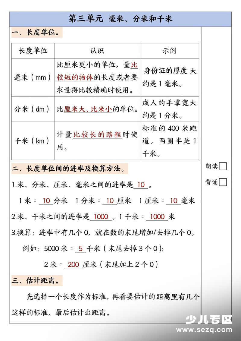 新三年级上册数学暑假预习背诵打卡表（核心知识点总结） - 文档资源第3张
