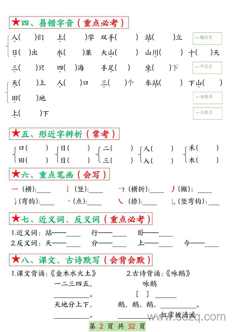 2025年一年级上册语文1-8单元考点总结8个必背知识点（空白加答案版） - 文档资源第2张