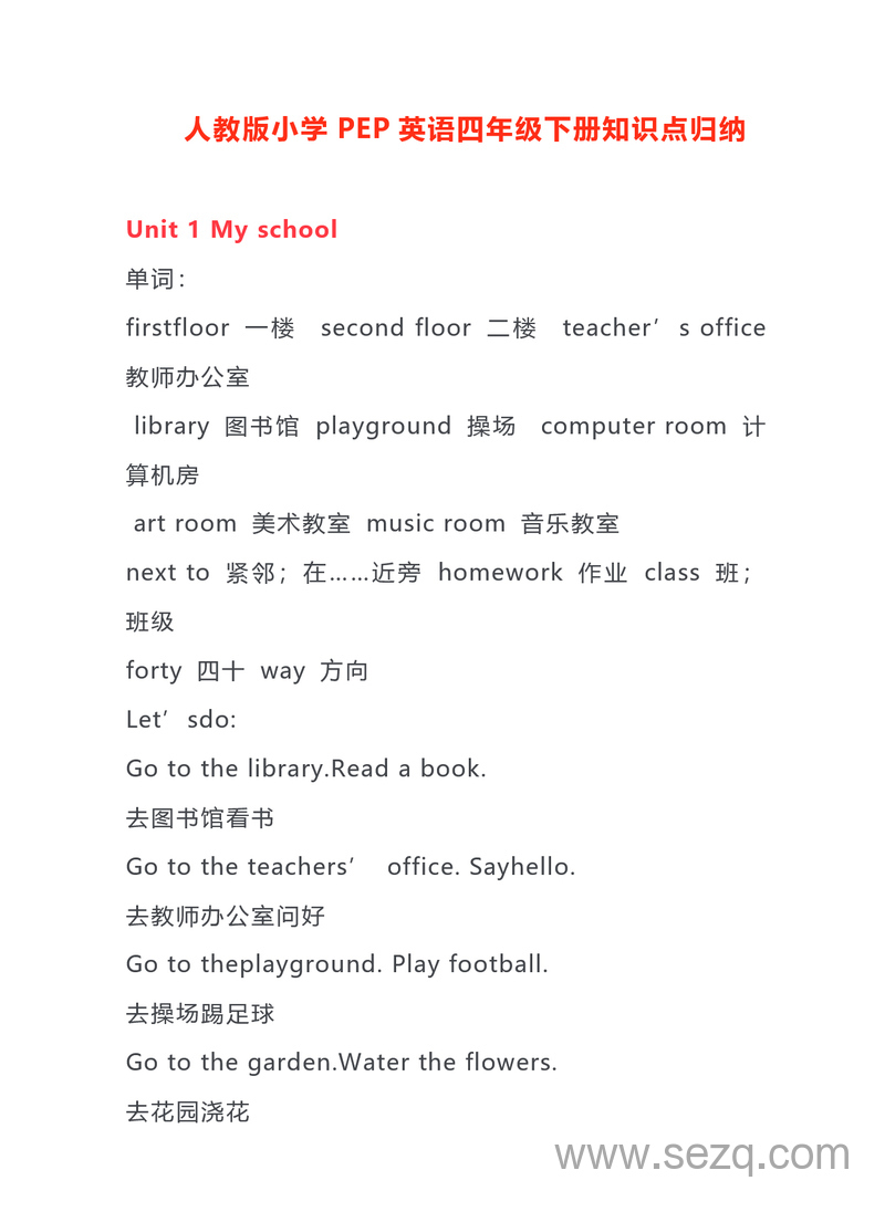 四年级下册英语知识点归纳（人教PEP版） - 文档资源第1张