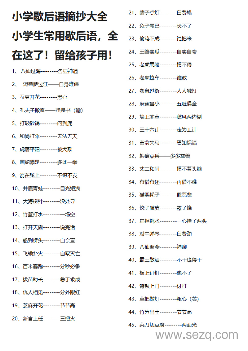 小学生语文歇后语常用摘抄大全 - 文档资源第1张