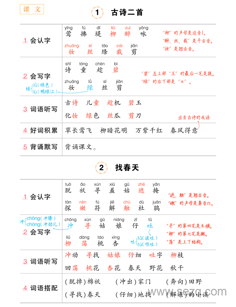 2024年新版二年级下册语文每课背记清单（状元语文） - 文档资源第1张