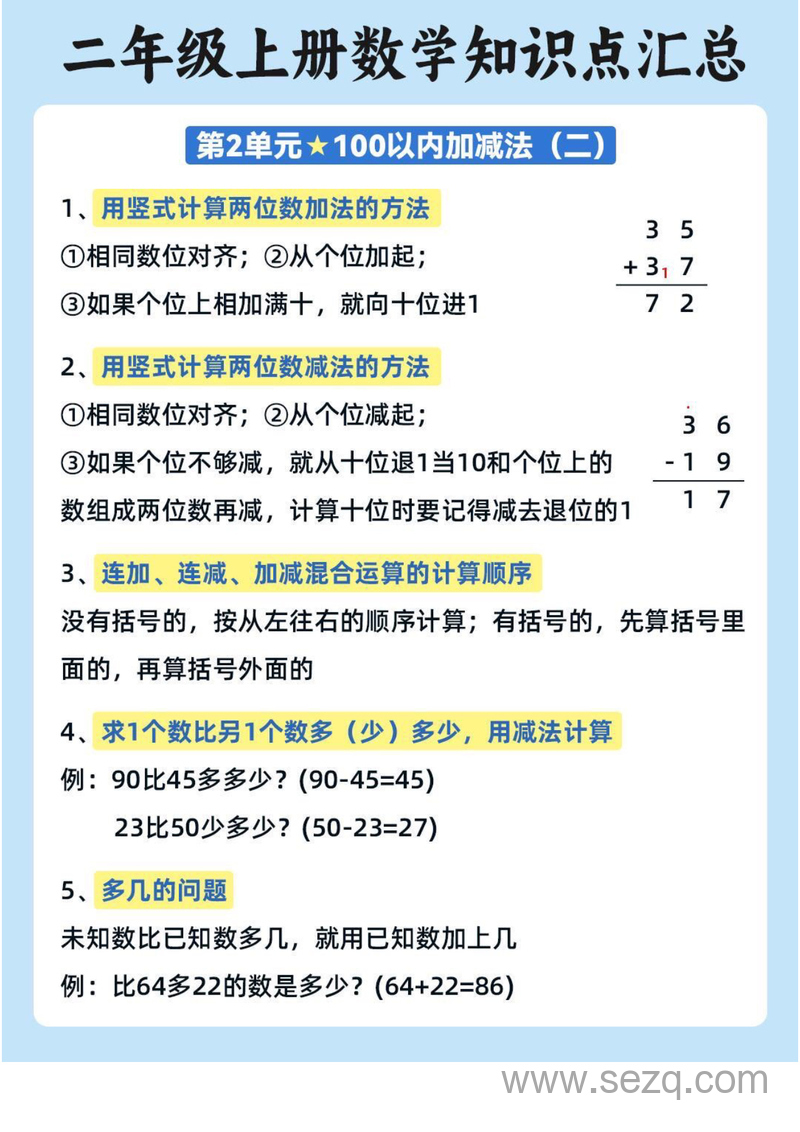 二年级上册数学必背知识点汇总（一升二适用） - 文档资源第3张