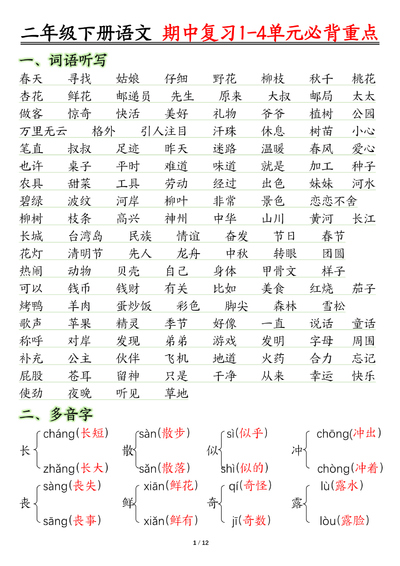 二年级下册语文期中复习1-4单元常考必背重点（12页） - 少儿专区