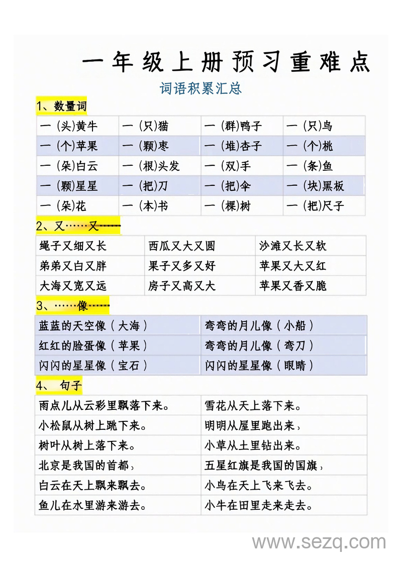 一年级上册语文预习重难点词语积累汇总 - 文档资源第1张