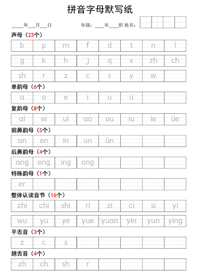 幼小衔接一年级上册语文拼音默写描红练习纸（1页） - 少儿专区