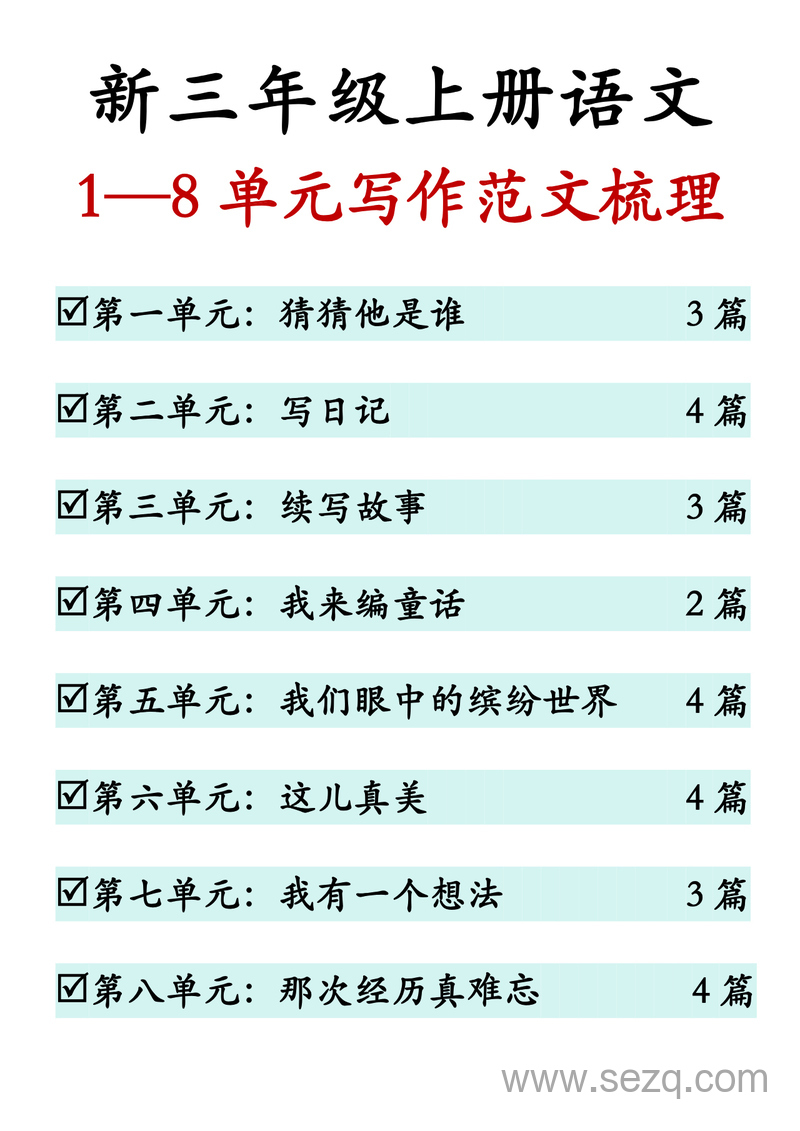 2025年新版三年级上册语文1-8单元同步作文范文 - 文档资源第1张
