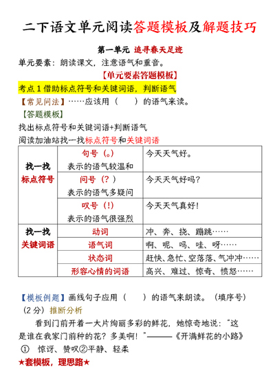 二年级下册语文1-8单元阅读答题模板及解题技巧（19页） - 少儿专区