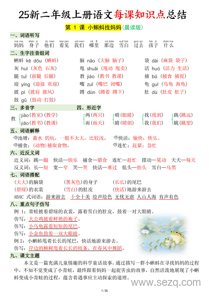 2025年秋季新版二年级上册语文每课知识点总结（晨读版） - 文档资源第1张