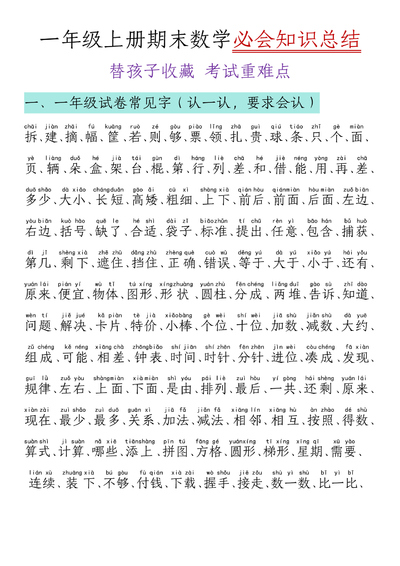 一年级上册数学期末必背知识点清单（15页） - 少儿专区