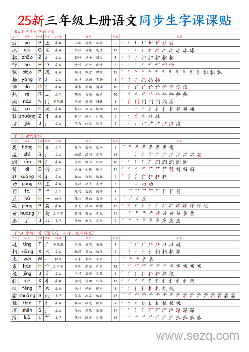 2025年新版三年级上册语文同步生字课课贴 - 文档资源第1张