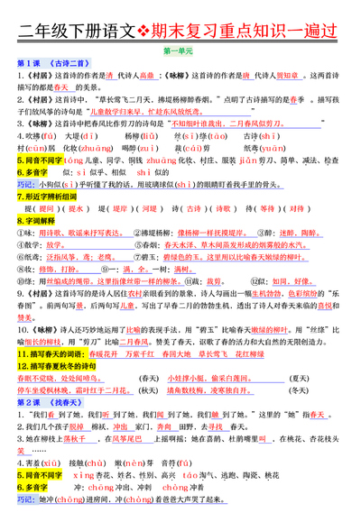 二年级下册语文期末复习重点知识一遍过（23页） - 少儿专区