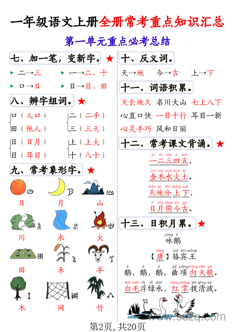 2025年一年级上册语文全册常考重点知识汇总（1-8单元） - 文档资源第2张