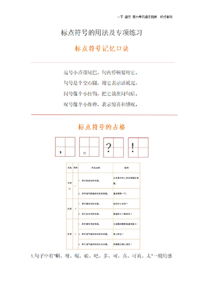 2025年春一年级下册语文第六单元语文园地标点专项（含记忆口诀及练习）（4页） - 少儿专区