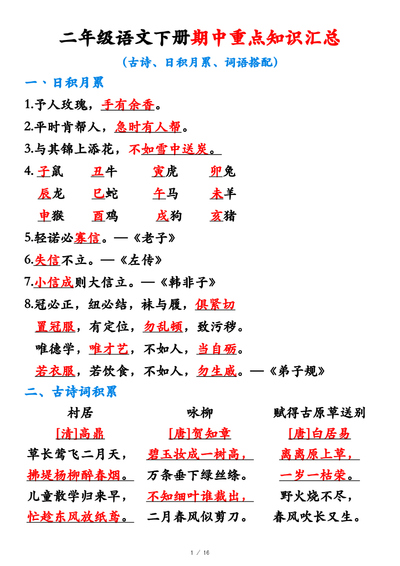 二年级下册语文期中重点知识汇总（古诗､日积月累､词语搭配）（7页） - 少儿专区