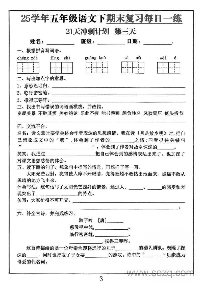 2025年五年级下册语文期末复习21天冲刺计划 - 文档资源第3张