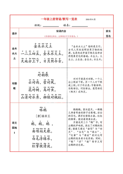 2024年一年级上册语文必背内容默写表（10页） - 少儿专区