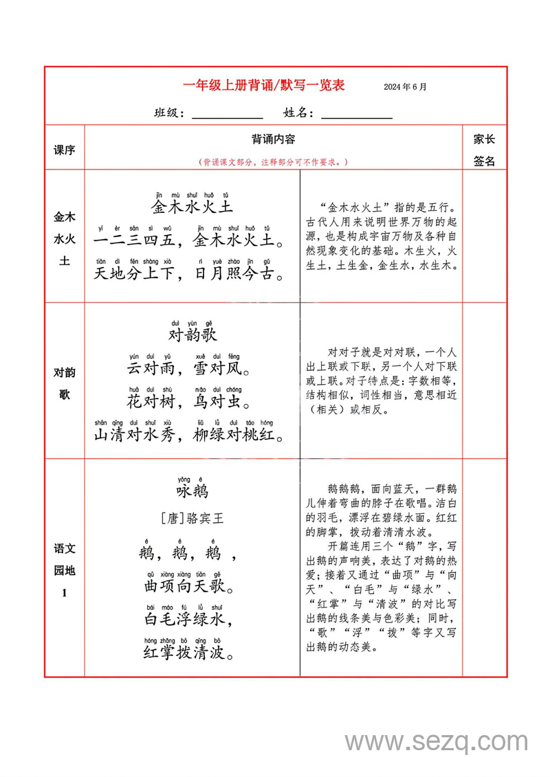 2024年一年级上册语文必背内容默写表 - 文档资源第1张
