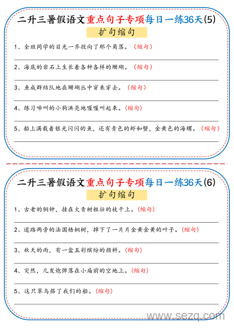 二升三暑假语文重点句子专项每日一练36天（含答案） - 文档资源第3张