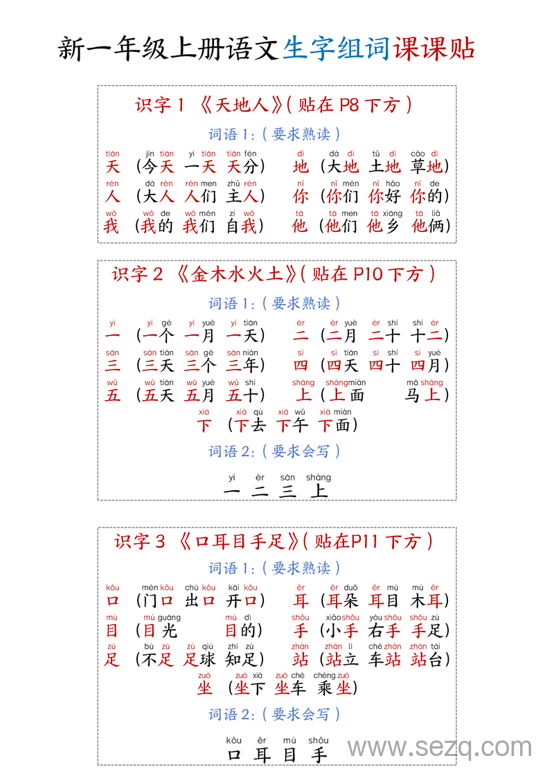 2025年新版一年级上册语文生字组词课课贴 - 文档资源第1张