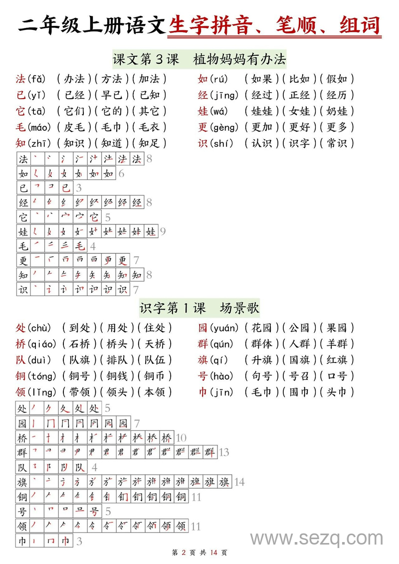二年级上册语文生字拼音笔顺组词（课课贴） - 文档资源第2张