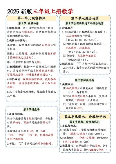 2025年三年级上册数学期中知识归类（人教版）（2页） - 少儿专区