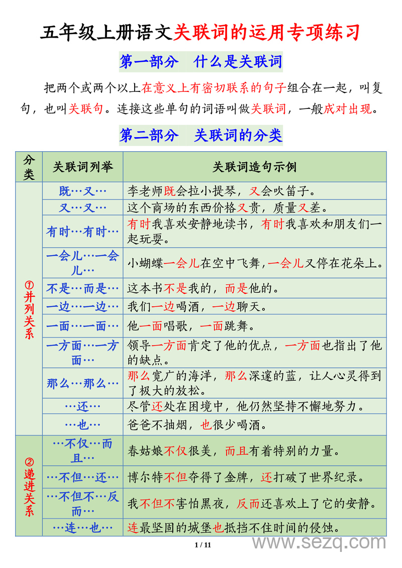 五年级上册语文关联词语运用专项练习 - 文档资源第1张
