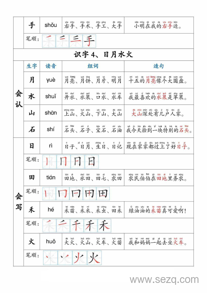 一年级上册语文生字组词造句（含拼音、笔顺） - 文档资源第3张