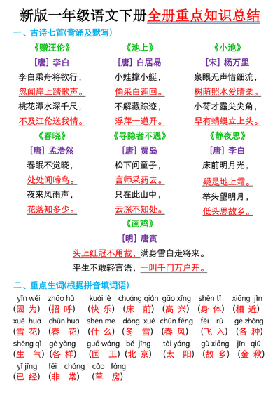 新版一年级下册语文全册重点知识总结（7页） - 少儿专区