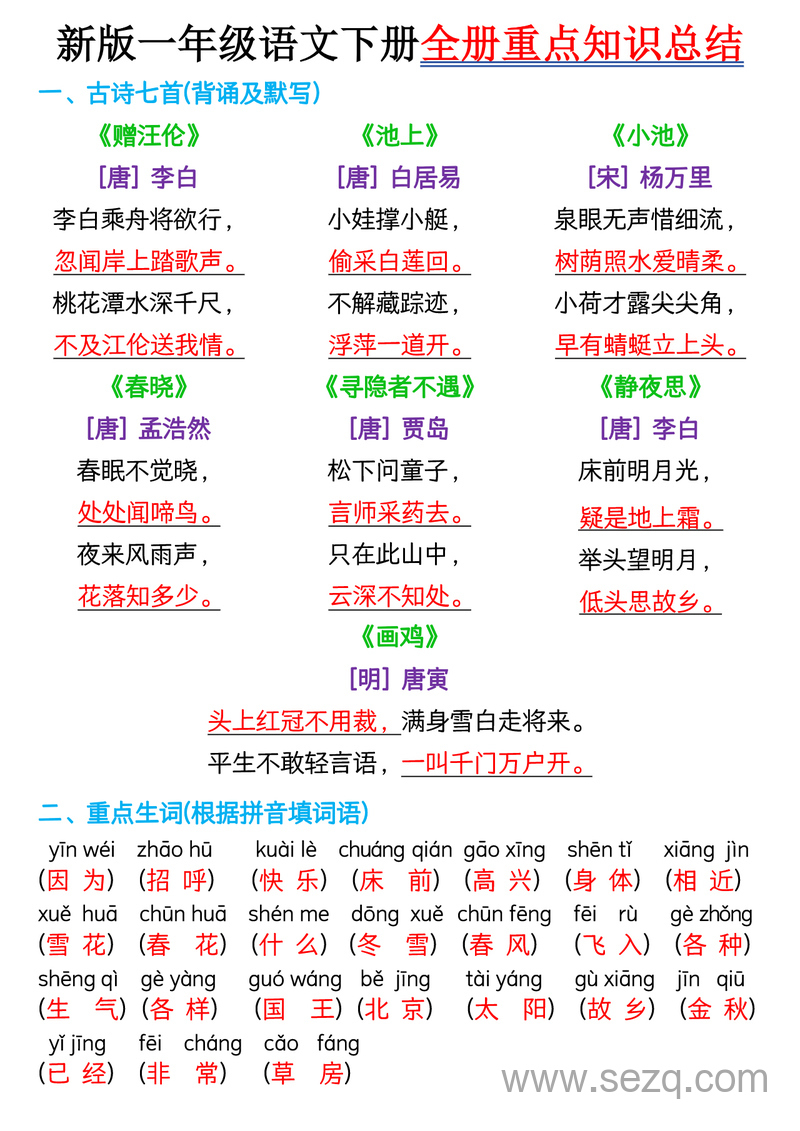 新版一年级下册语文全册重点知识总结 - 文档资源第1张