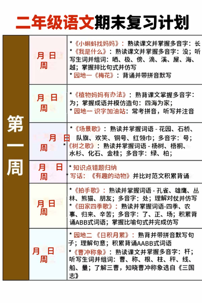 二年级上册语文期末复习计划及打卡表（6页） - 少儿专区