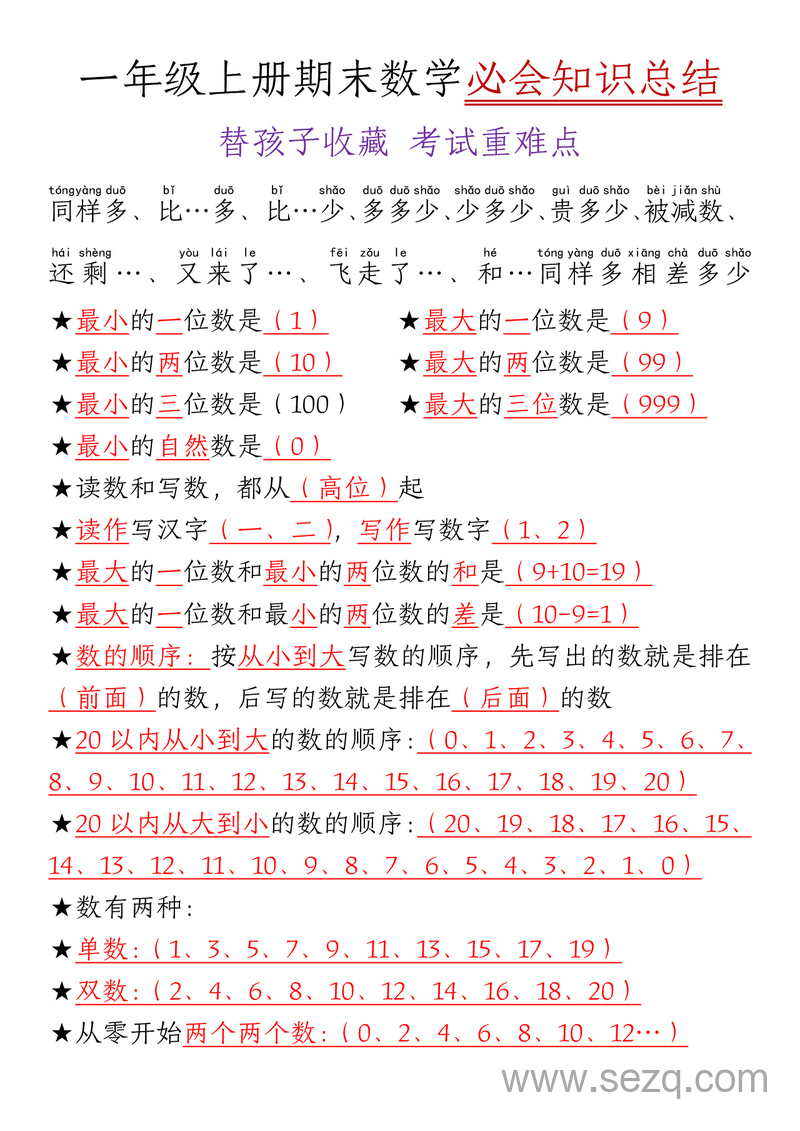 一年级上册数学期末必背知识点清单 - 文档资源第3张