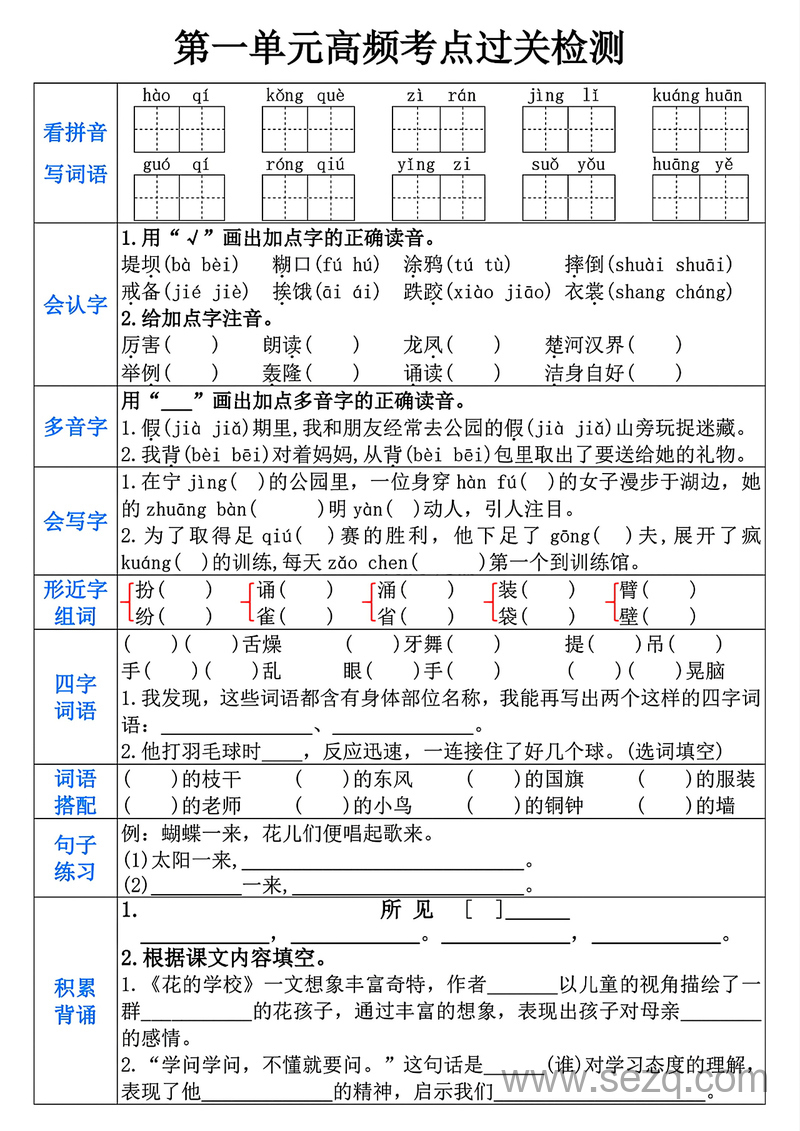 三年级上册语文1-8单元高频考点过关检测 - 文档资源第1张