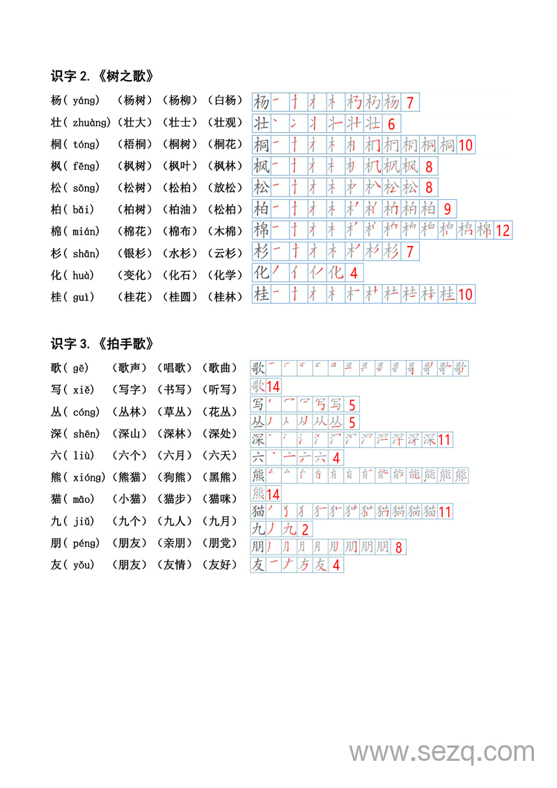 二年级上册语文生字笔顺拼音组词（课本贴） - 文档资源第3张