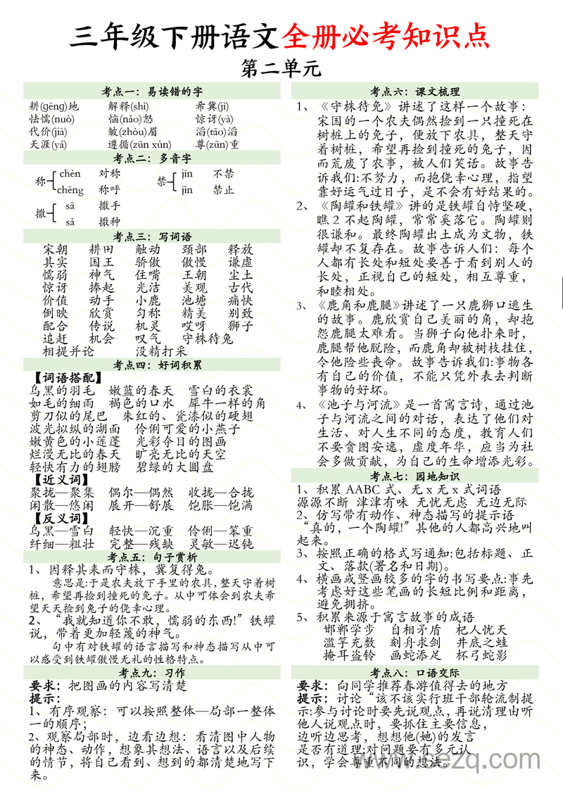 三年级下册语文全册1-8单元必考知识点汇总 - 文档资源第2张