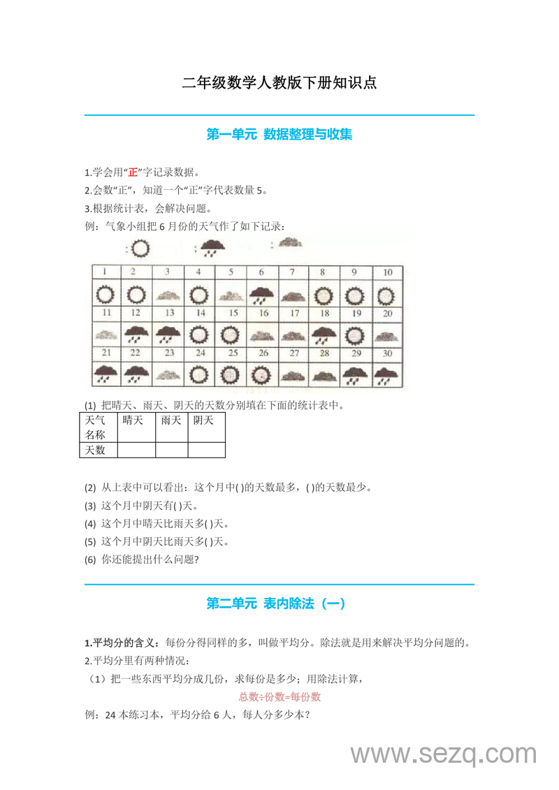 二年级下册数学全册知识点归纳（人教版） - 文档资源第1张