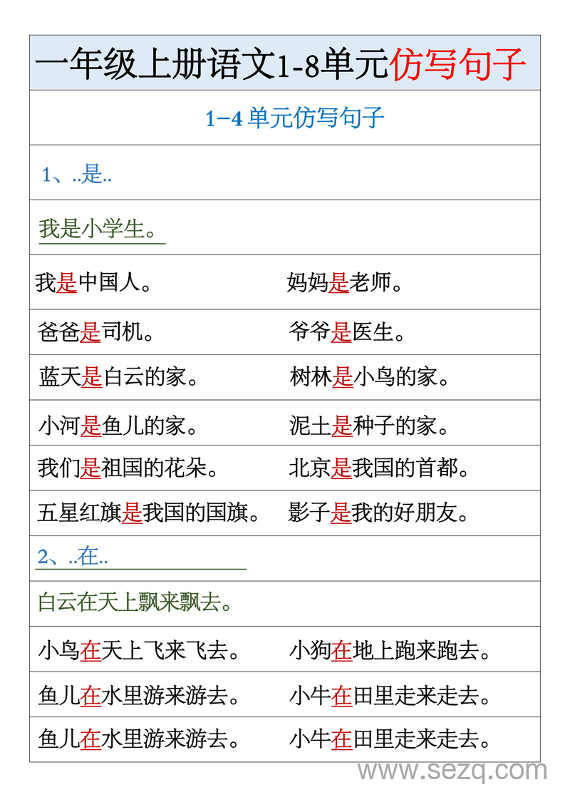 一年级上册语文1-8单元仿写句子汇总 - 文档资源第1张
