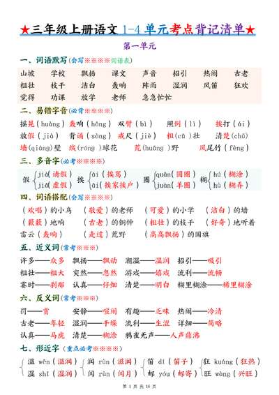 2025年秋季新版三年级上册语文期中复习1-4单元重点考点背记清单（16页） - 少儿专区