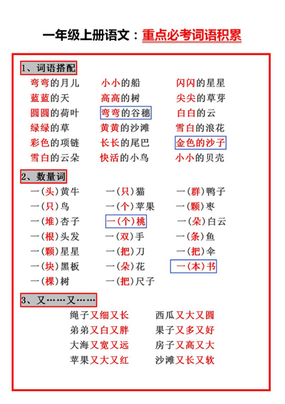 一年级上册语文重点必考词语积累（5页） - 少儿专区