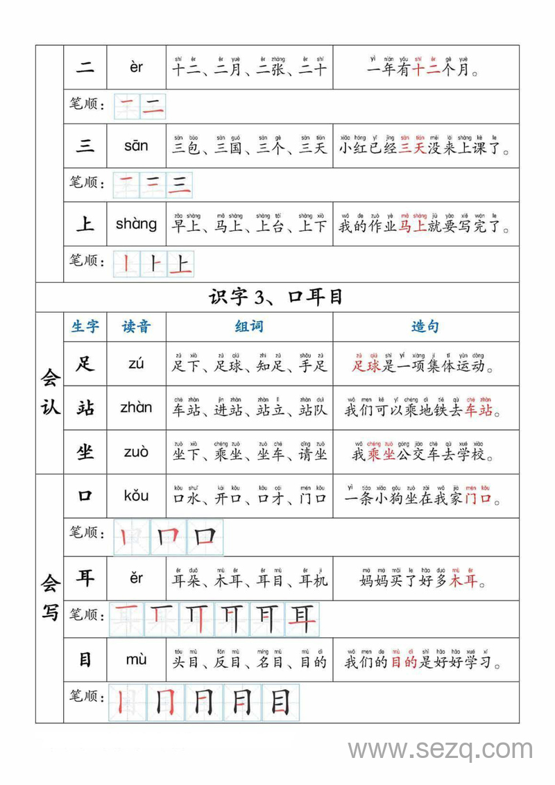 一年级上册语文生字组词造句（含拼音、笔顺） - 文档资源第2张