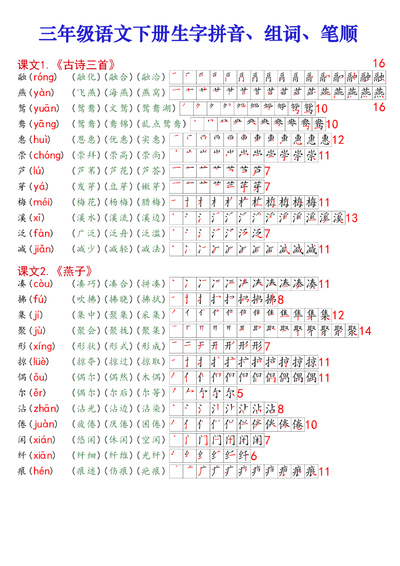 三年级下册语文生字拼音组词笔顺（课课贴高清版）（11页） - 少儿专区