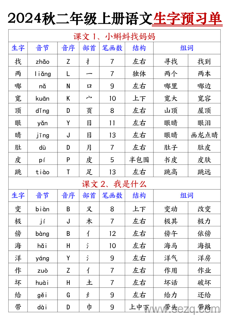 2024年秋二年级上册语文生字预习单（空白预习卡） - 文档资源第1张